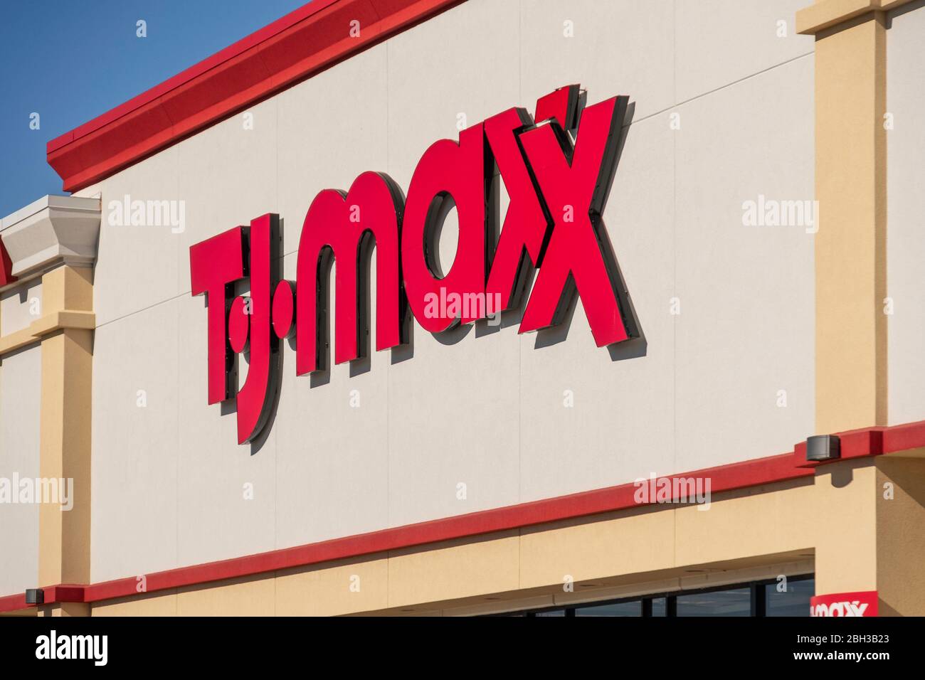 The TJ Maxx sign and logo on the front of the TJ Maxx department store