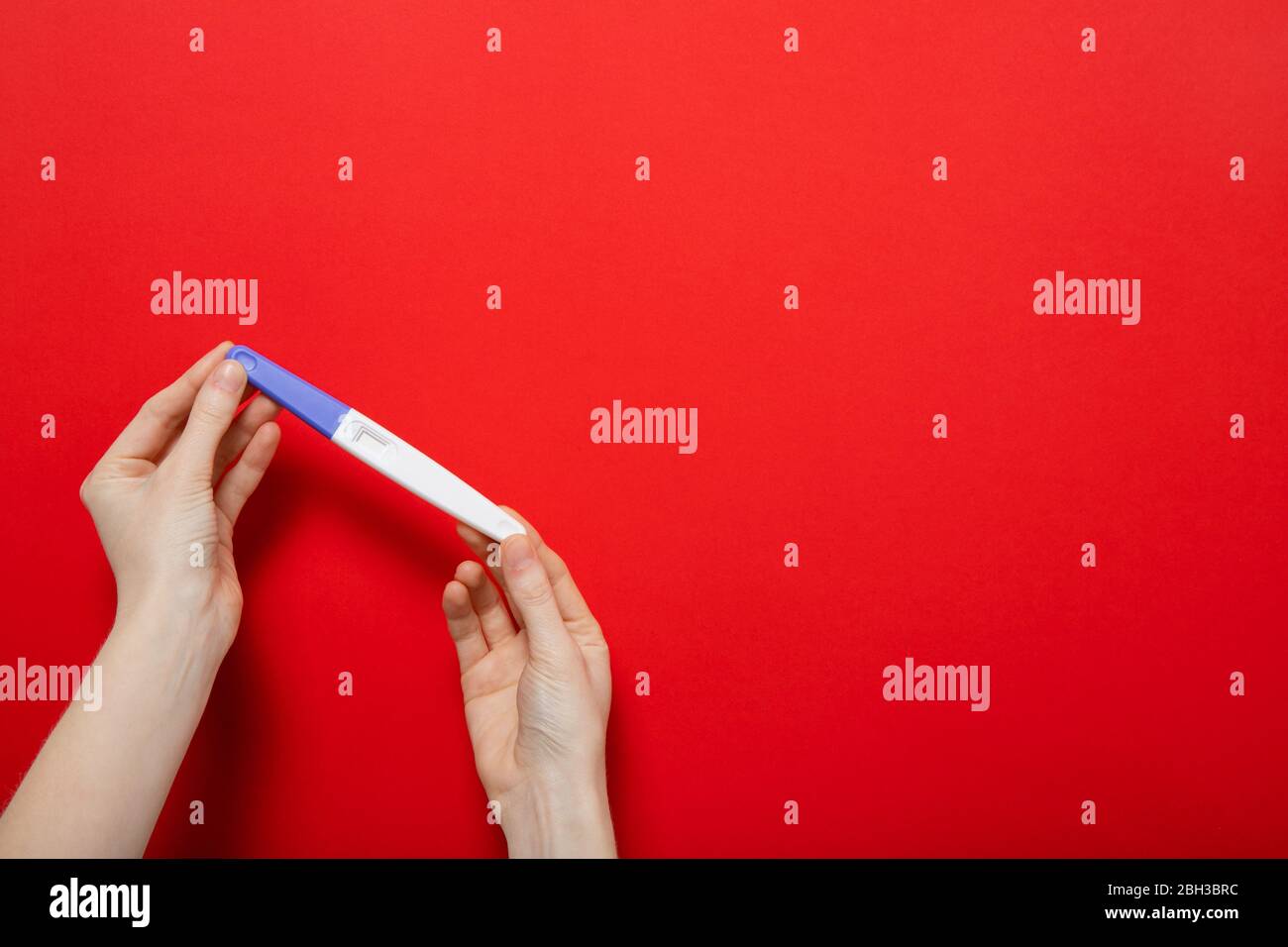 Female hands hold a pregnancy test on a red background. Place for text Stock Photo