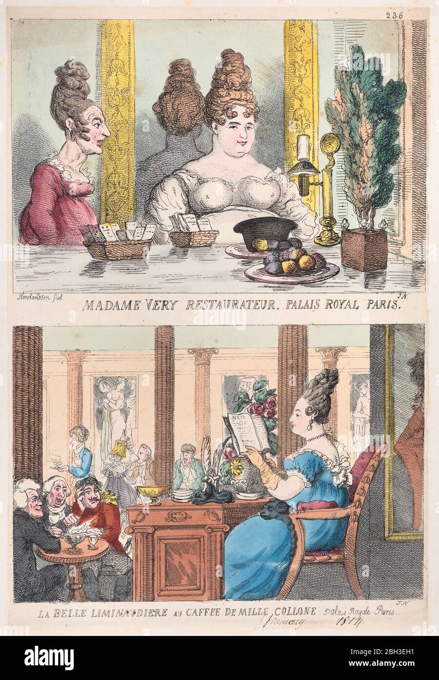 Madame Very Restauranteur, Palais Royal Paris and La Belle Liminaudiere au Caffee De Mille Collone, Palais Royale Paris, 1814. Stock Photo