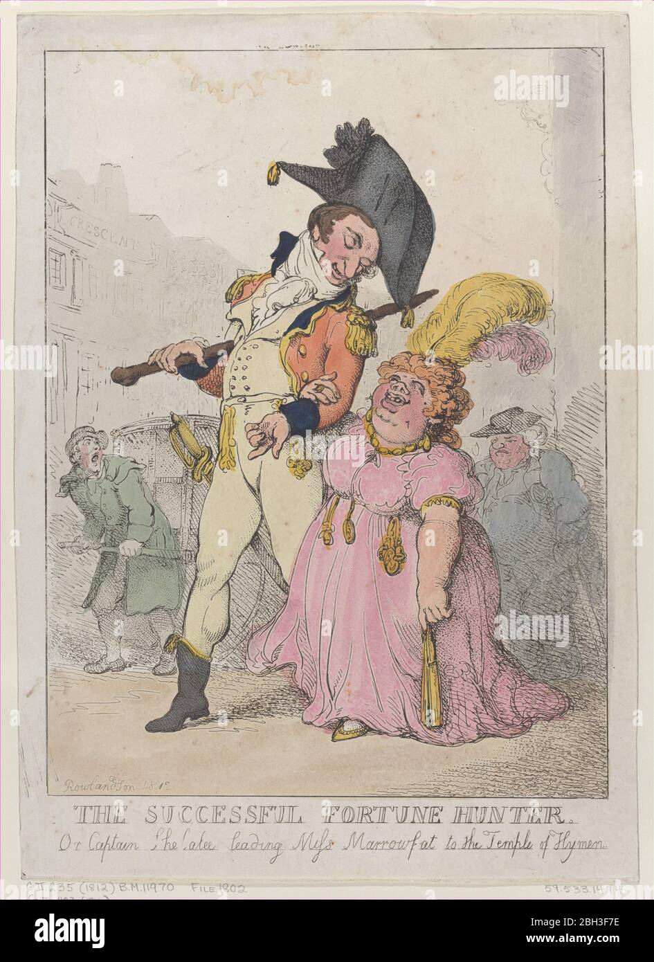 The Successful Fortune Hunter, or Captain Shelalee Leading Miss Marrowfat to the Temple of Hymen, [1802], reissued 1812. Stock Photo