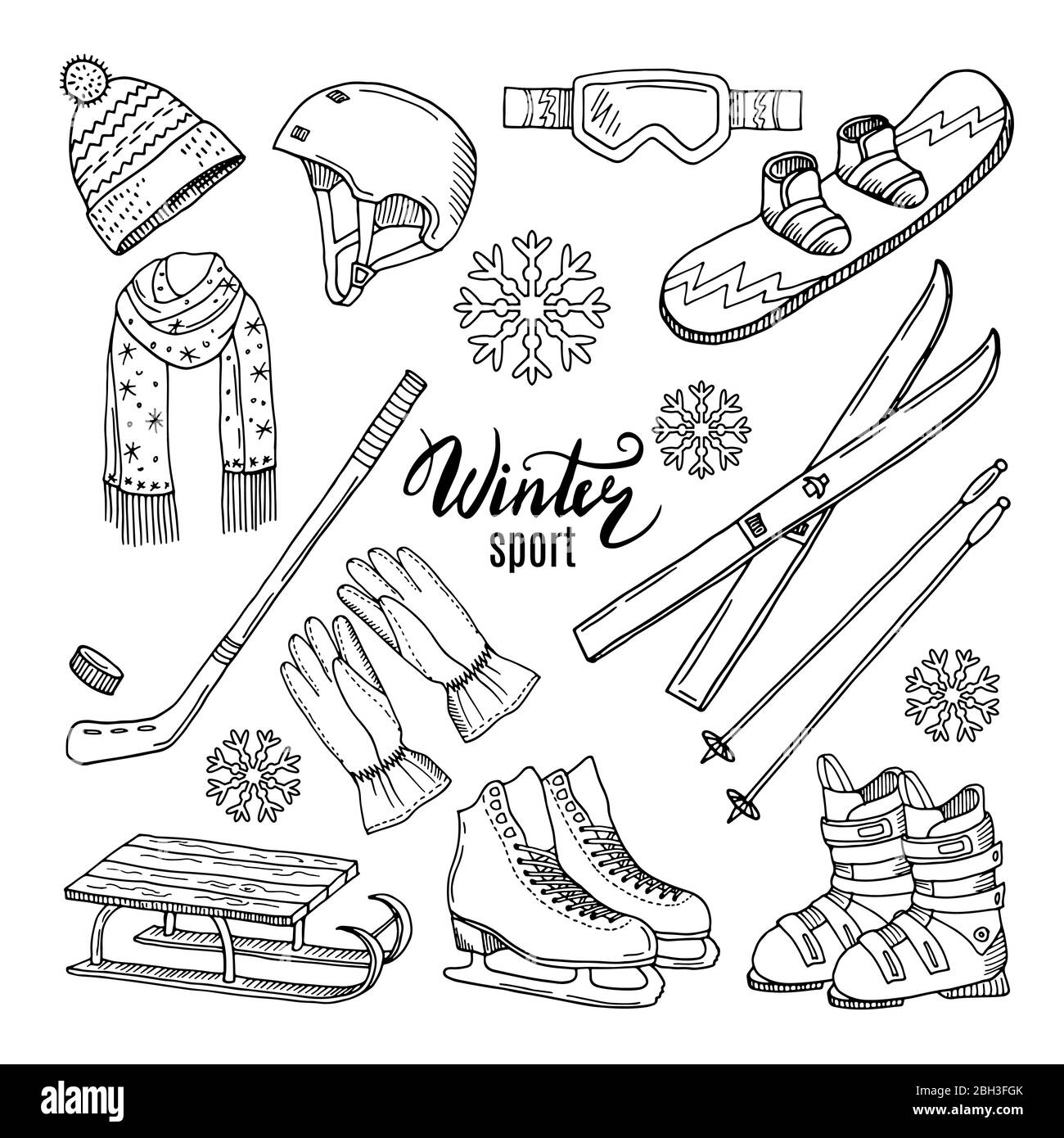 Illustrations of winter sport. Scarf, gloves, ski and others. Winter sport ski and snowboard, helmet and skates vector Stock Vector