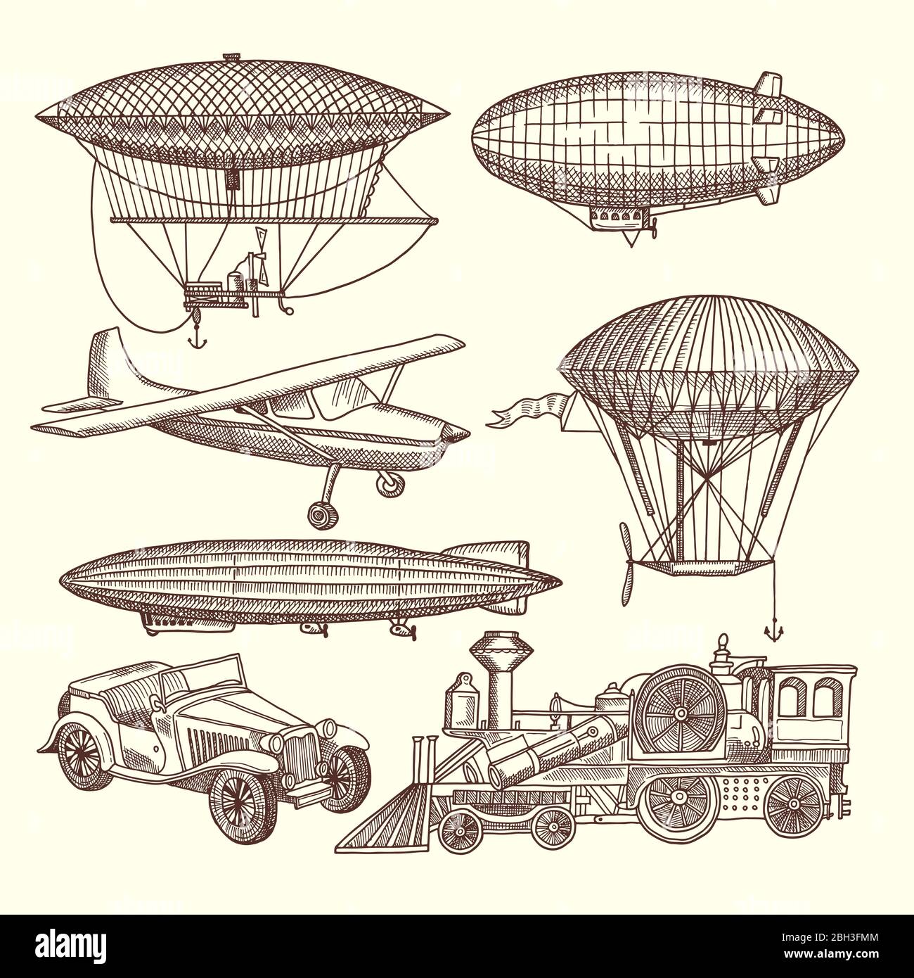 Illustrations set of machines in steampunk style. Vector transport zeppelin and airship, car and train transportation Stock Vector