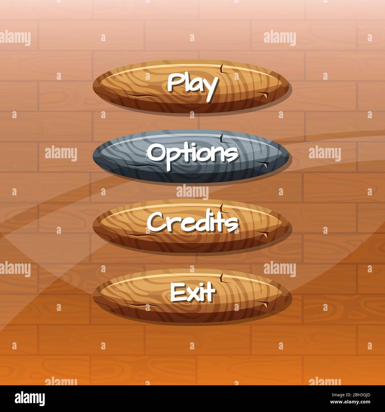 Vector cartoon style wooden buttons with text for game design on wooden ...