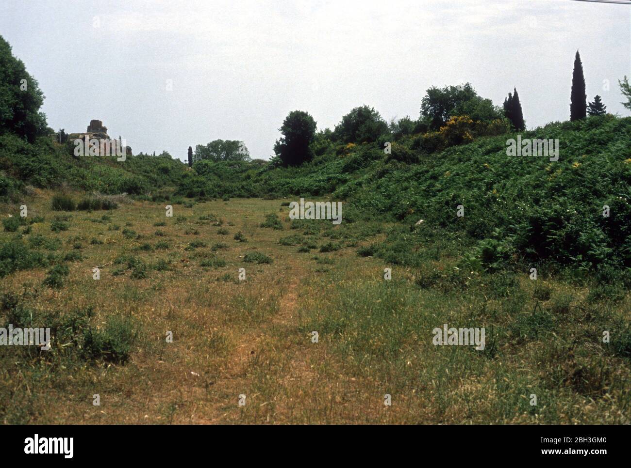 The overgrown stadium of the ancient Roman city of Nicopolis, before excavation. Nicopolis was built by Augustus Caesar (formerly Octavian) to commemorate his victory over the fleets of Mark Antony and Cleopatra in the naval battle of Actium, which took place nearby. Near Preveza, Epirus, Greece. Nicopolis has tentative status as a UNESCO World Heritage Site. Stock Photo