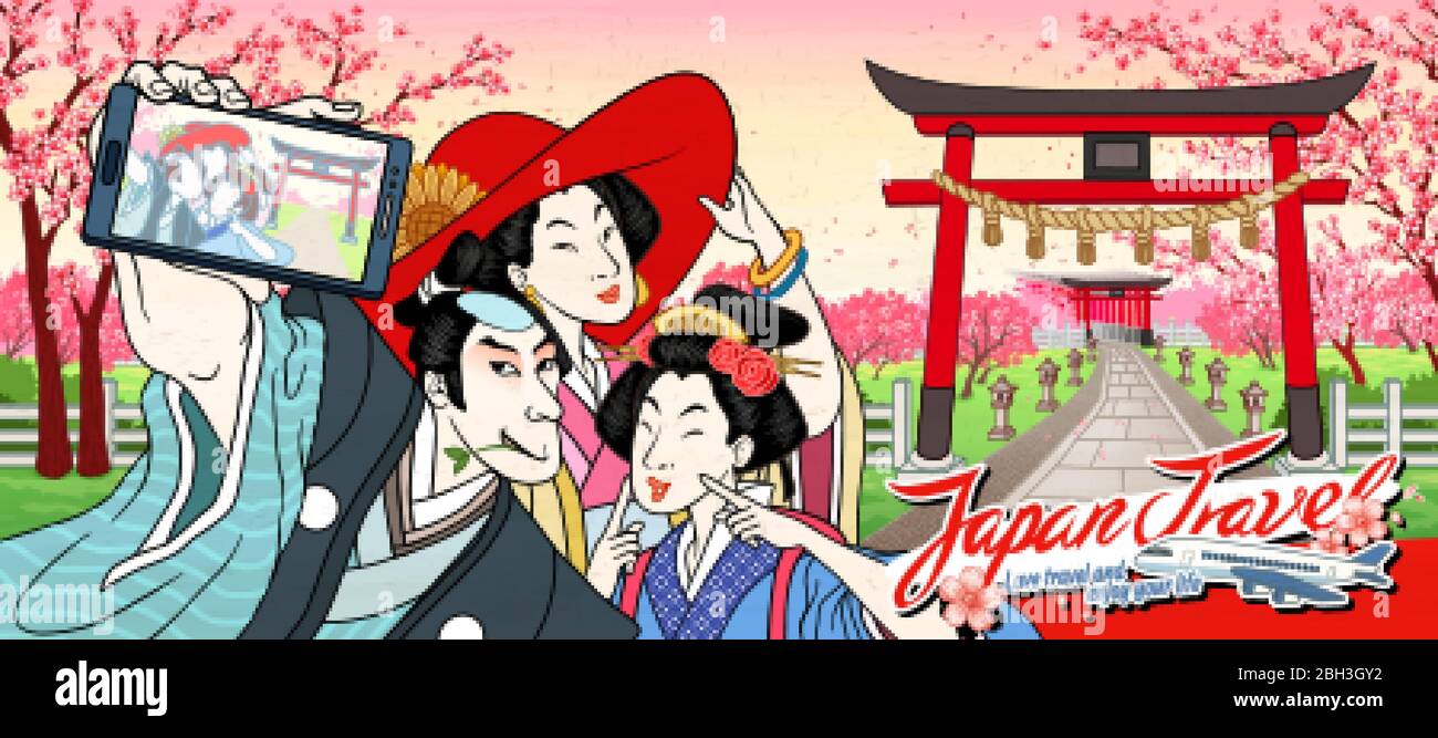 Japan tourism promo banner with retro Japanese people taking selfie in front of traditional shrine gate Stock Vector