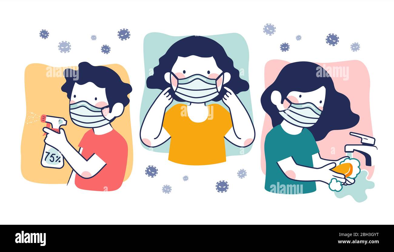 COVID19 prevention illustration, washing hands properly, using alcohol