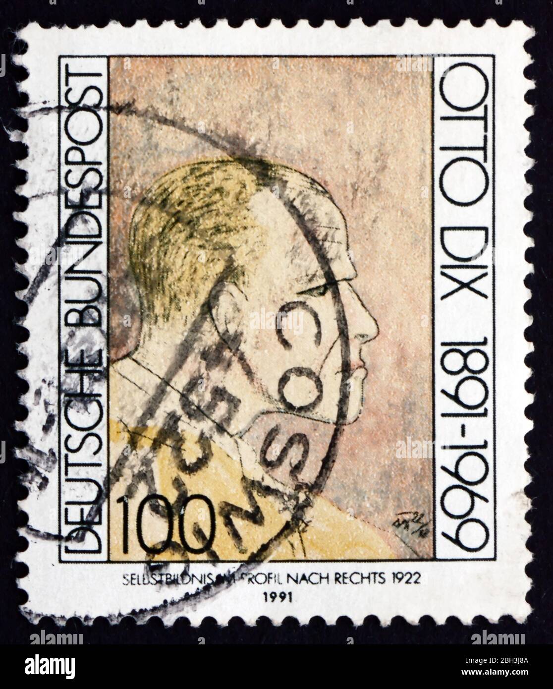 GERMANY - CIRCA 1991: a stamp printed in the Germany shows Self-portrait, Painting by Otto Dix, circa 1991 Stock Photo