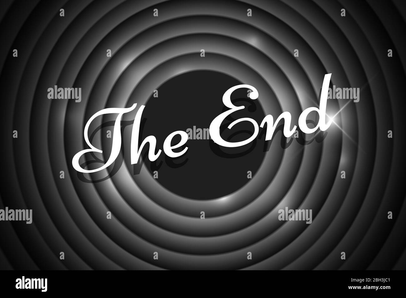 The End handwrite title on black and white round background. Old cinema movie circle ending screen. Vector noir poster template eps illustration Stock Vector