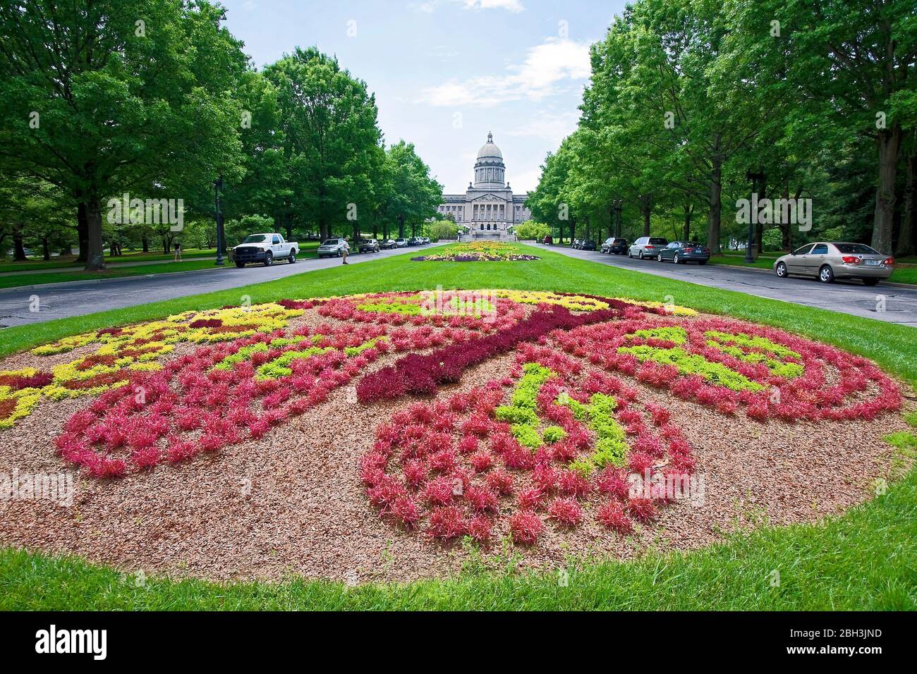Capital Avenue, The Kentucky State Capitol building; flower beds, tree