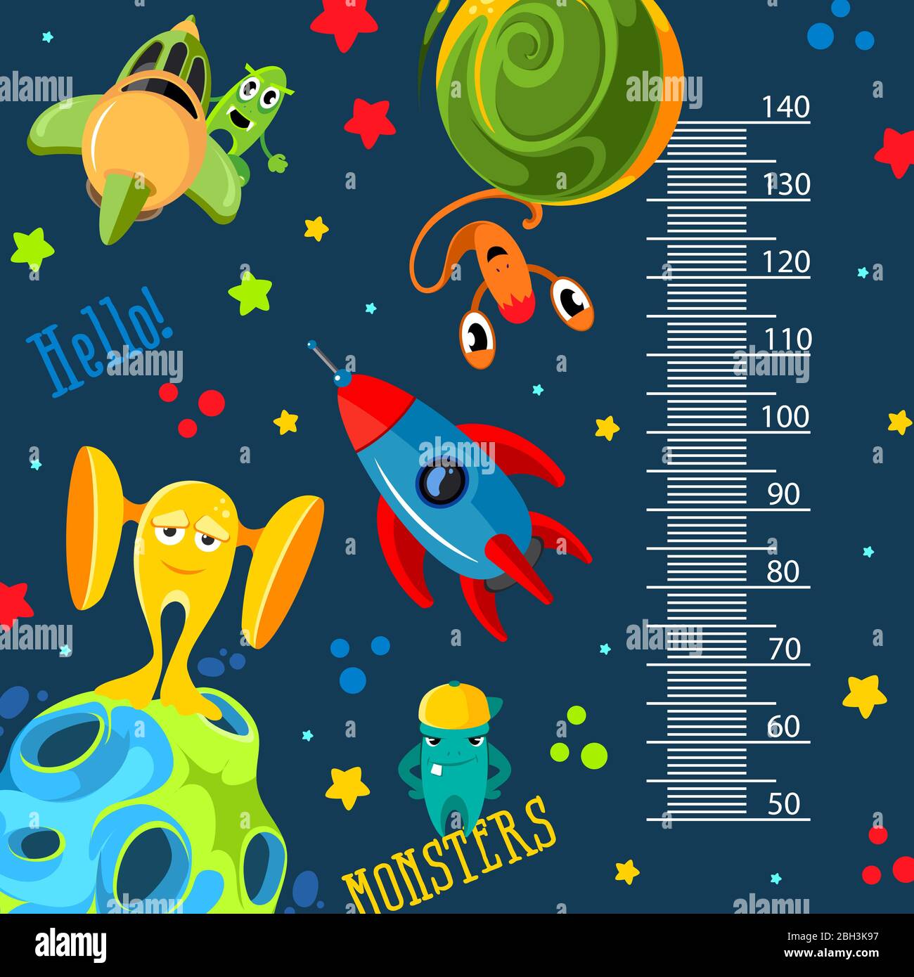 Funky monsters with a rockets and planets in space. Stadiometer vector illustration Stock Vector