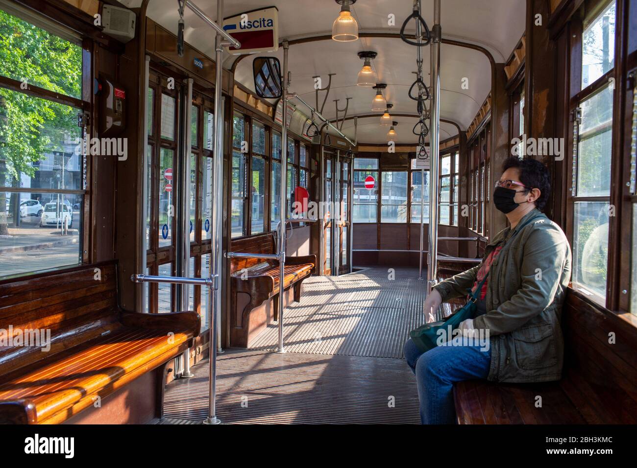 Milan, Coronavirus Covid 19 emergency, tram number 1 travels practically empty Editorial Usage Only Stock Photo