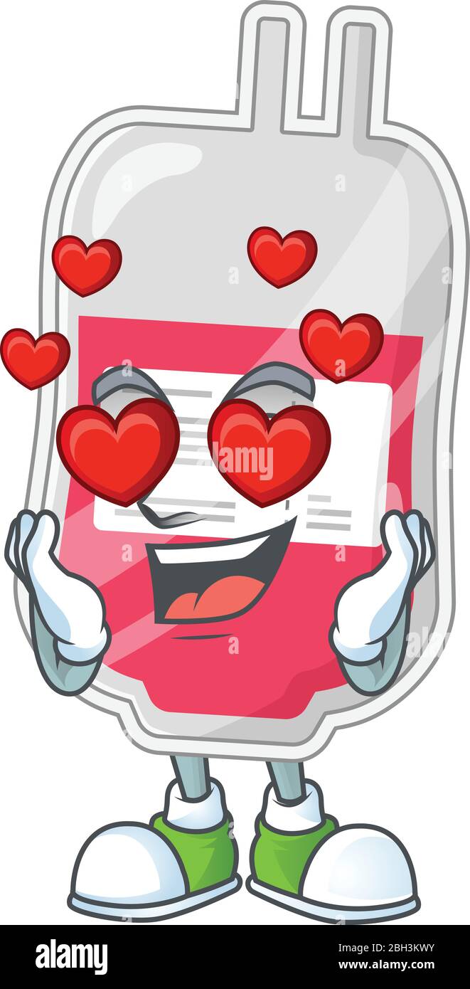 Charming bag of blood cartoon character with a falling in love face Stock Vector