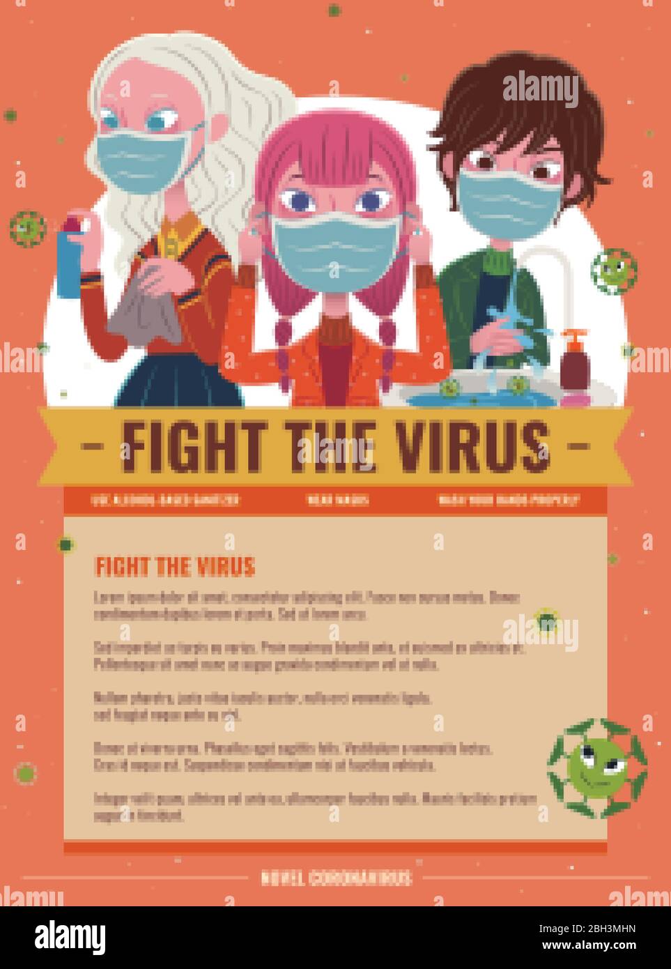 Fight the virus cartoon poster with people washing hands, wearing mask and using alcohol spray, covid-19 design Stock Vector