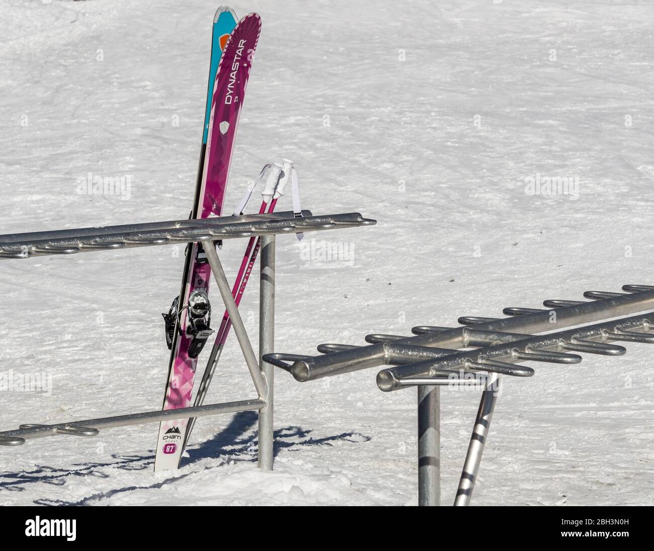 FAIRMONT HOT SPRINGS, CANADA - MARCH 16, 2020: skis on a stand in snow winter resort. Stock Photo