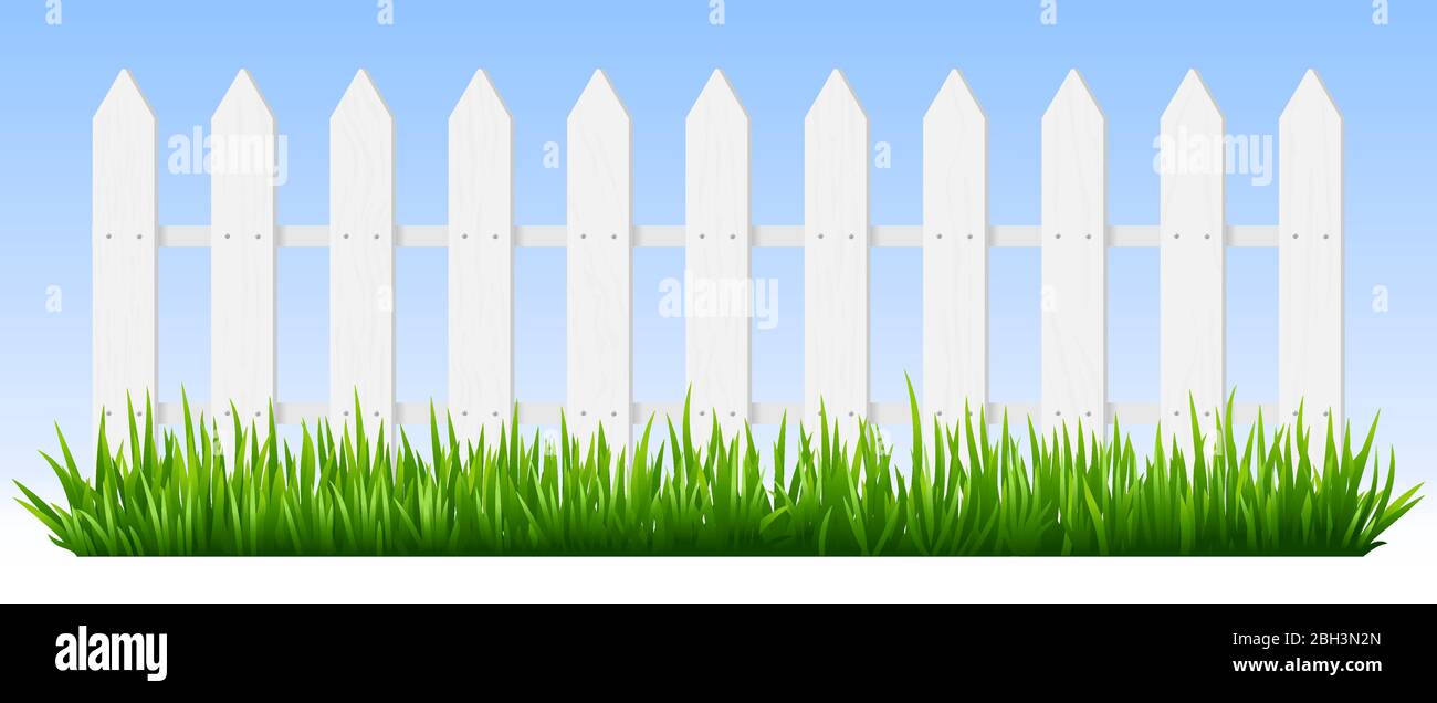 Realistic wooden fence. Green grass on white wooden picket fence, sunshine garden background, fresh plants border hedge vector illustration. Rural spr Stock Vector