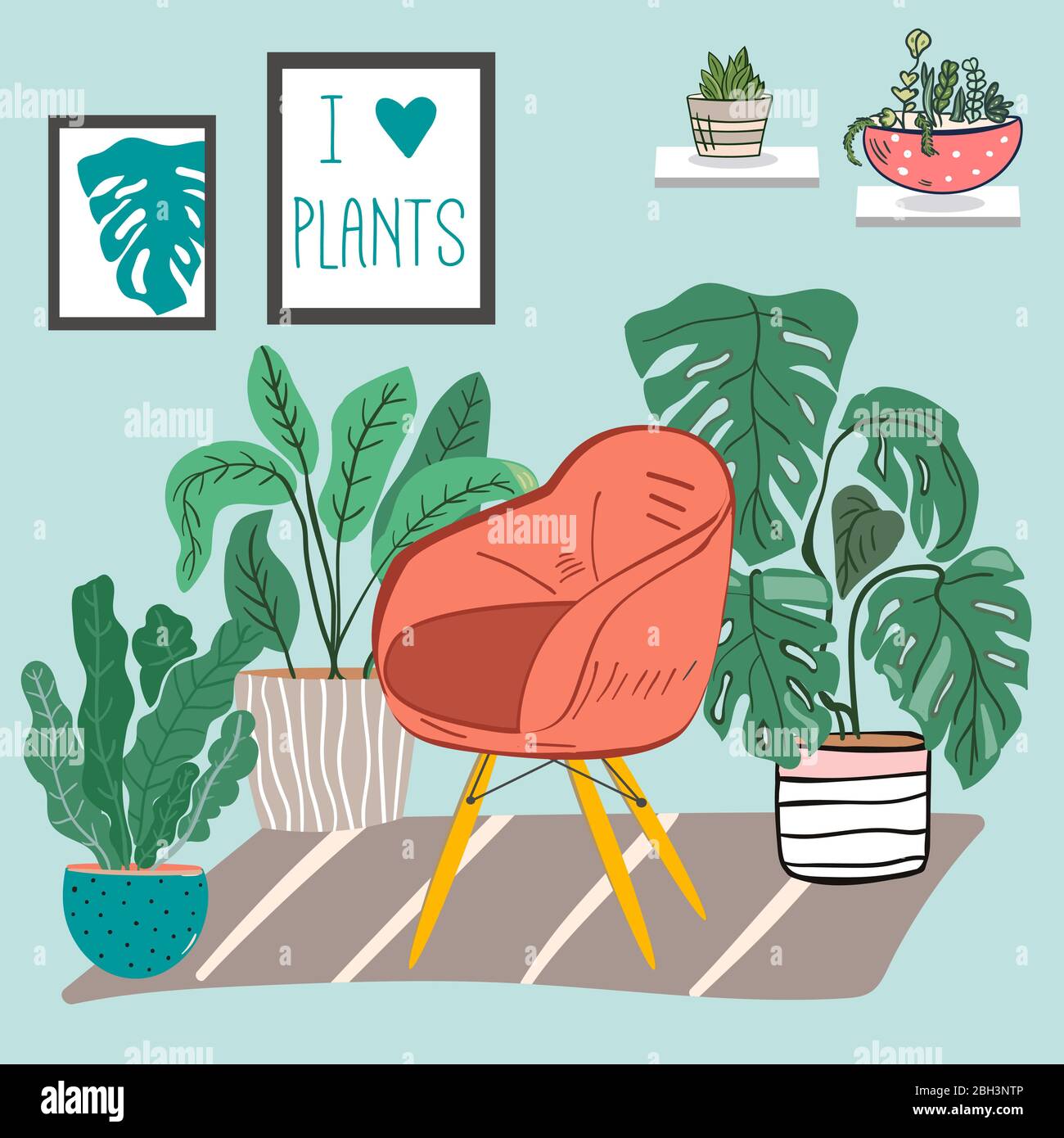 Living room with chair and a lot of different plants in pots Stock ...