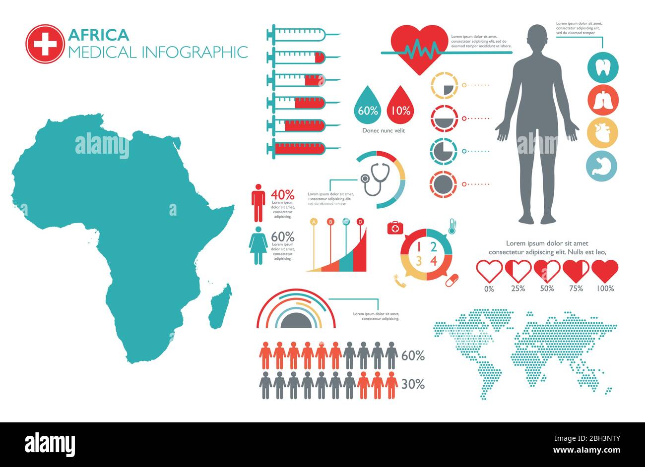 Africa medical healthcare infographic template with map and multiple charts Stock Vector