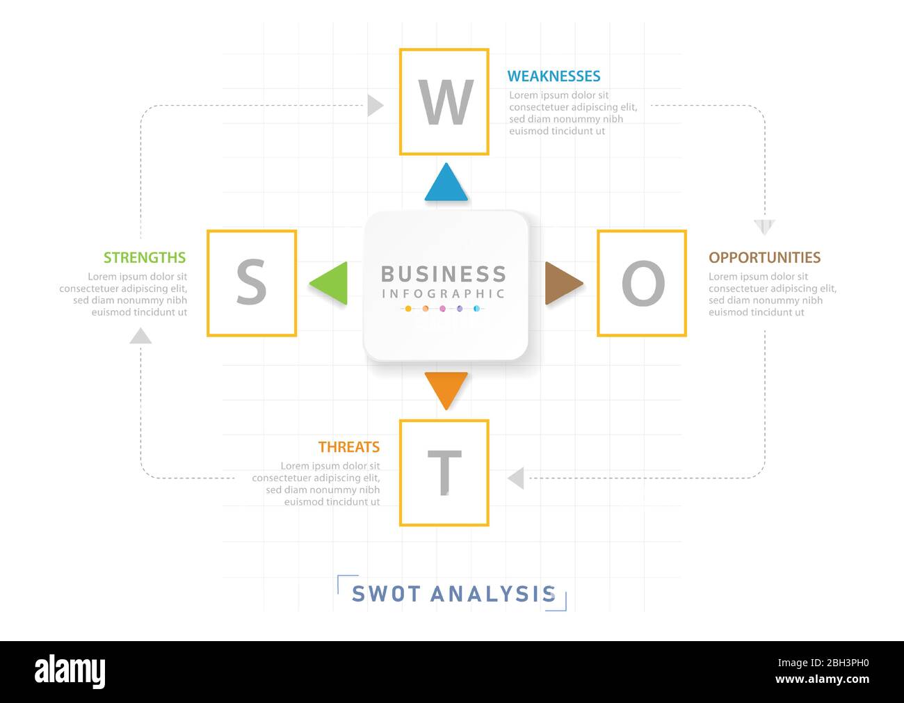 SWOT diagram for business, modern style with Strengths, Weakness, Opportunities, and Threats. presentation vector infographic. Stock Vector