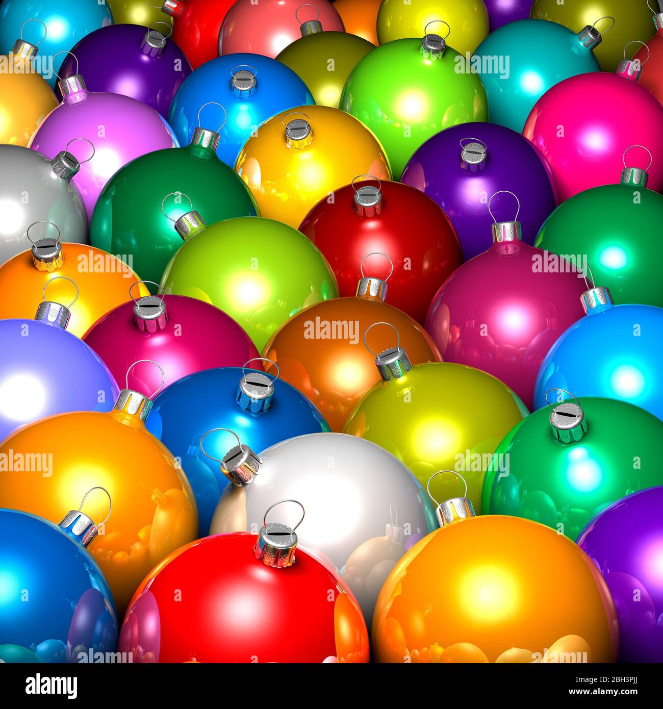 Christmas baubles, balls, decorations, ornaments. Multicoloured hanging ornaments. High viewpoint.Close up, full frame. Graphic treatment Stock Photo