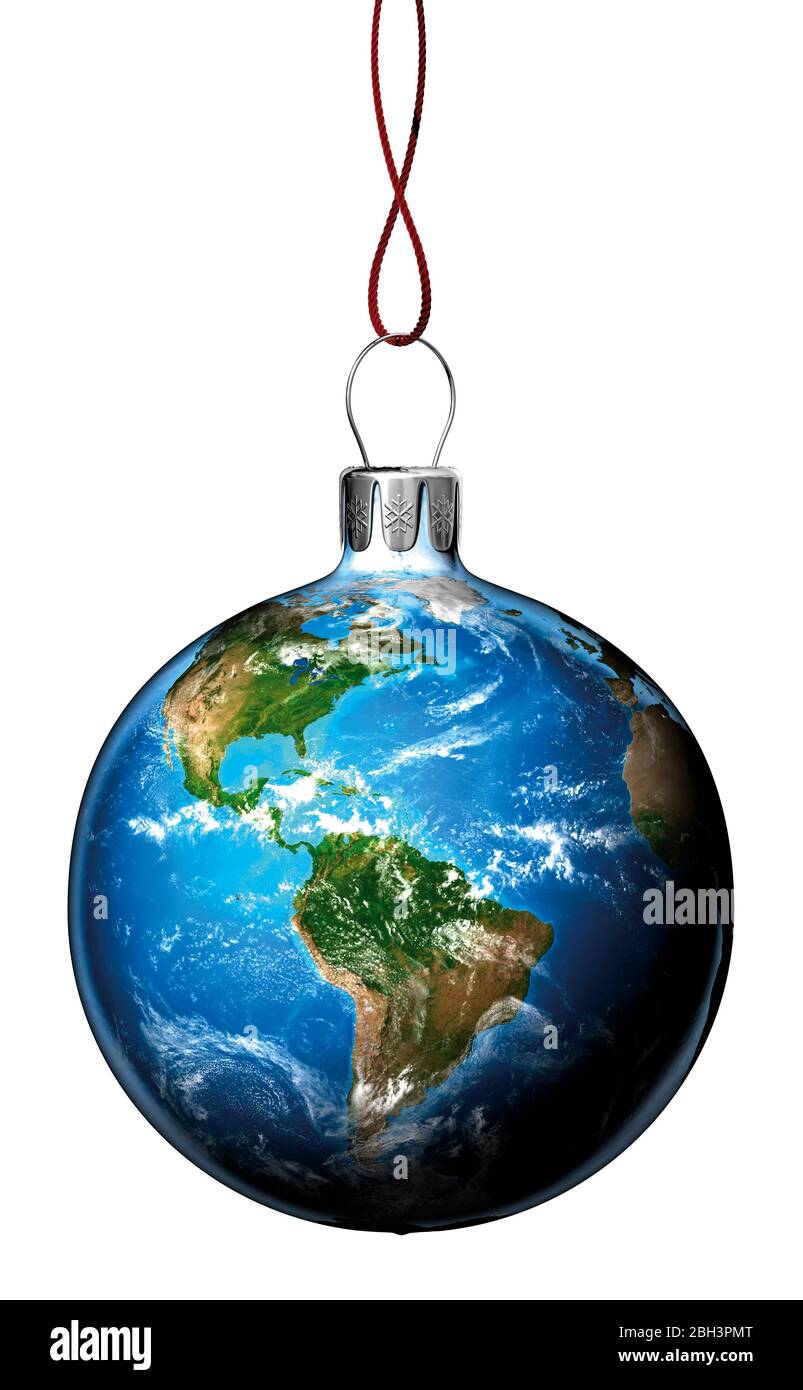 Earth Christmas bauble ball decoration hanging against a white background. Environmental Issues. Stock Photo
