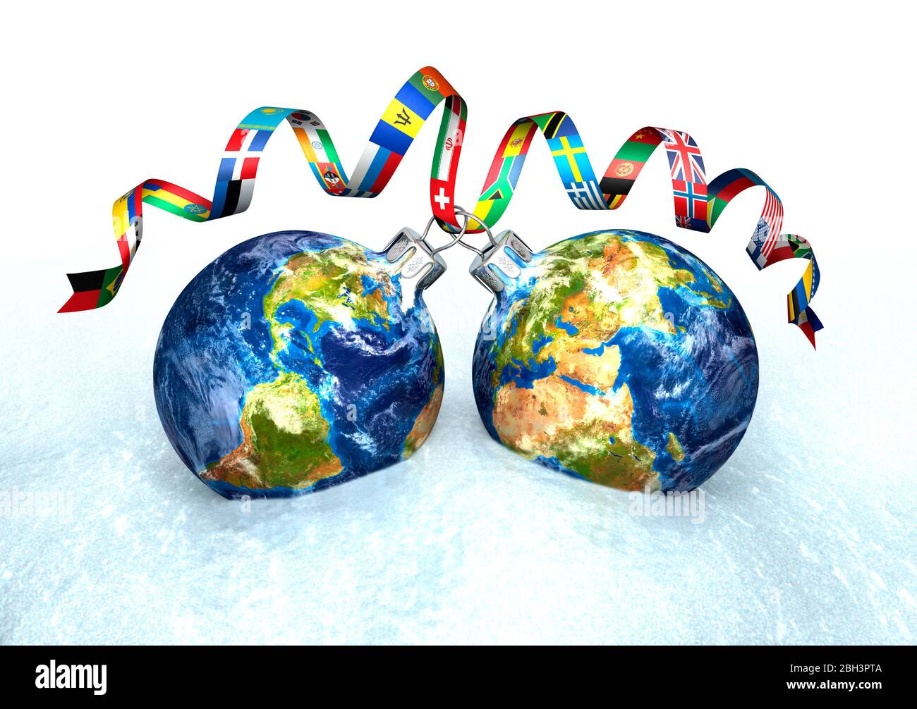 Christmas baubles, two globes connected by a ribbon of international flags on a snow ice background. International celebration. Global festival. Stock Photo