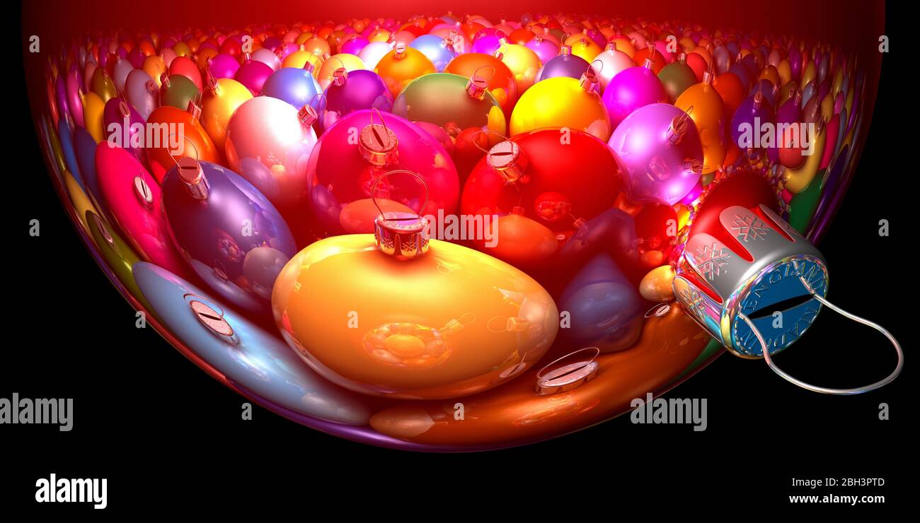 Christmas baubles, balls reflected in another. Xmas decorations. Close up, black background. Stock Photo