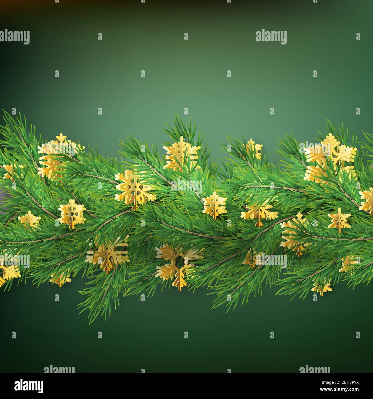 Christmas border made of realistic looking pine branches with gold foil snowflakes on green. EPS 10 Stock Vector