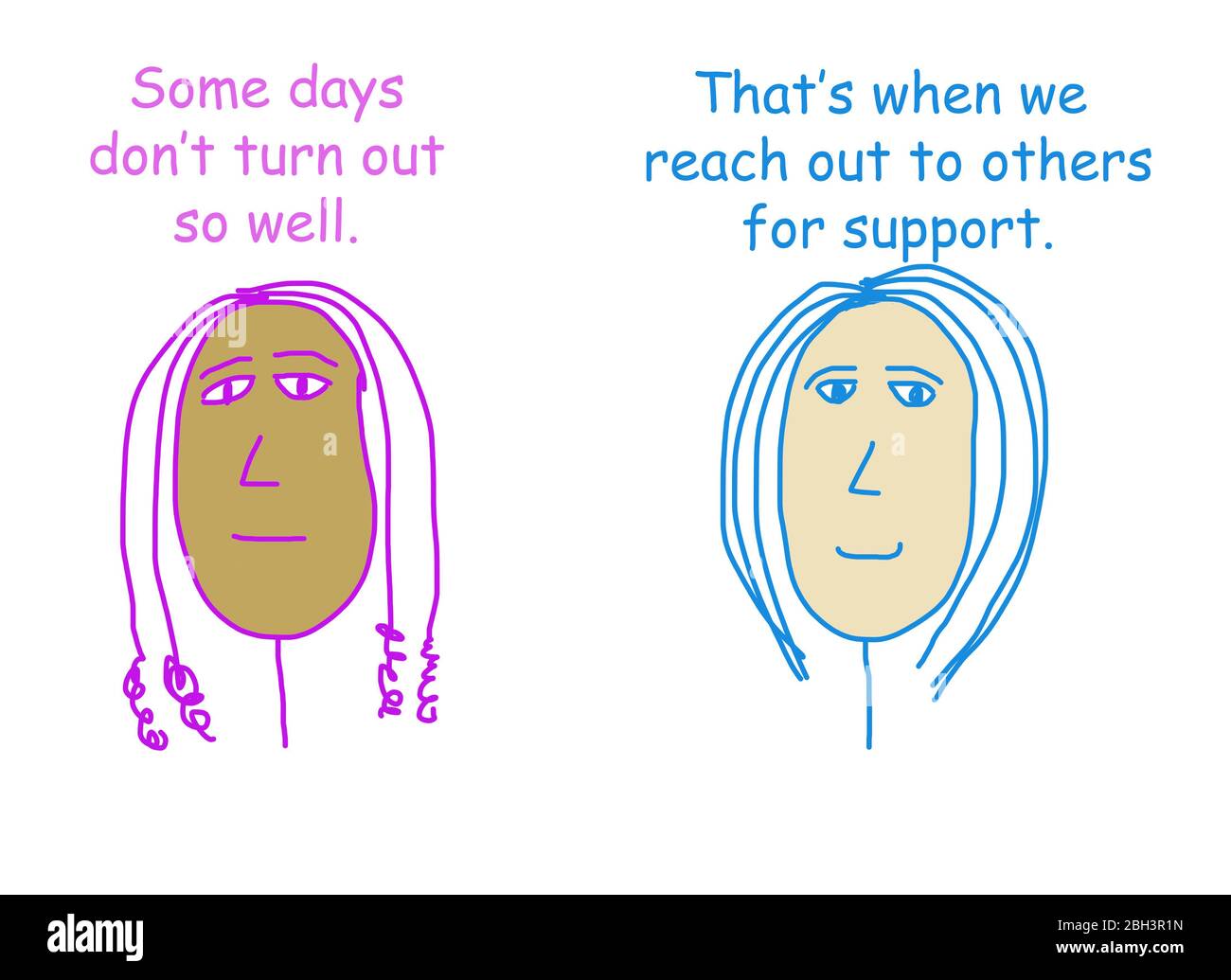 Color cartoon of two ethnically diverse women talking about what to do when the day turns out poorly. Stock Photo