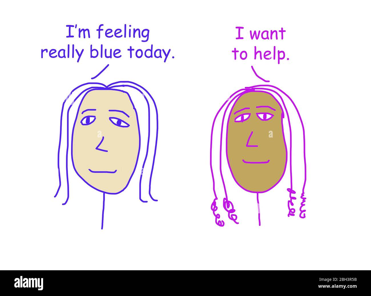 Color cartoon showing two ethnically diverse women talking, one is felling very down and the other wants to help. Stock Photo