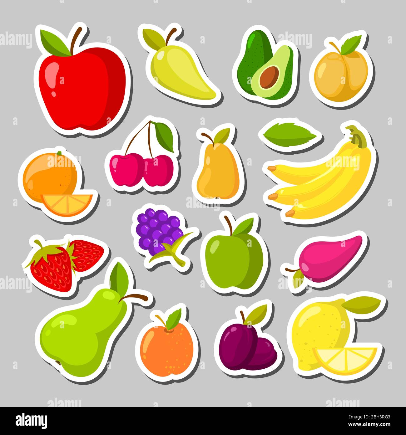 Set of cute fruits in the form of a stickers. Vector apple and lemon illustration Stock Vector