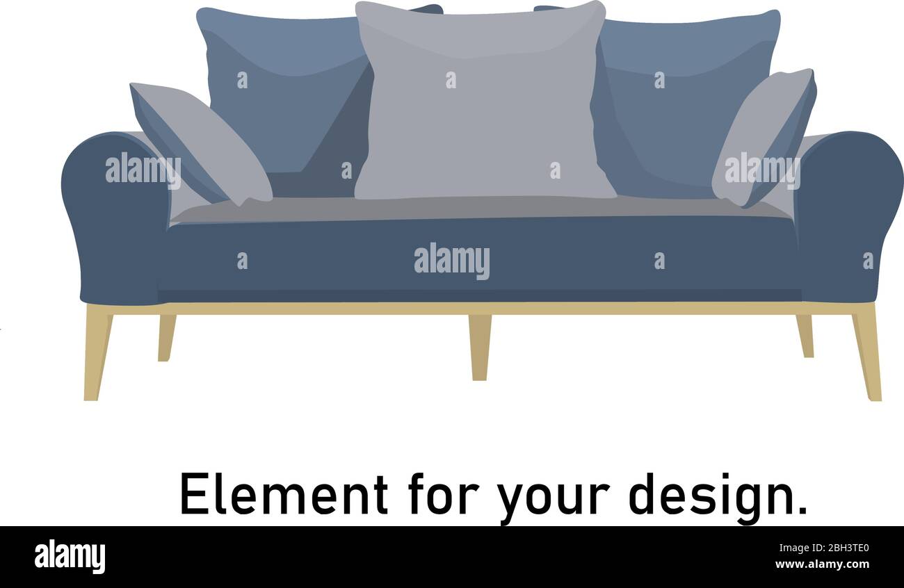 Modern trendy sofa with pillows. Vector illustration. Element for design. Blue sofa. Stock Vector