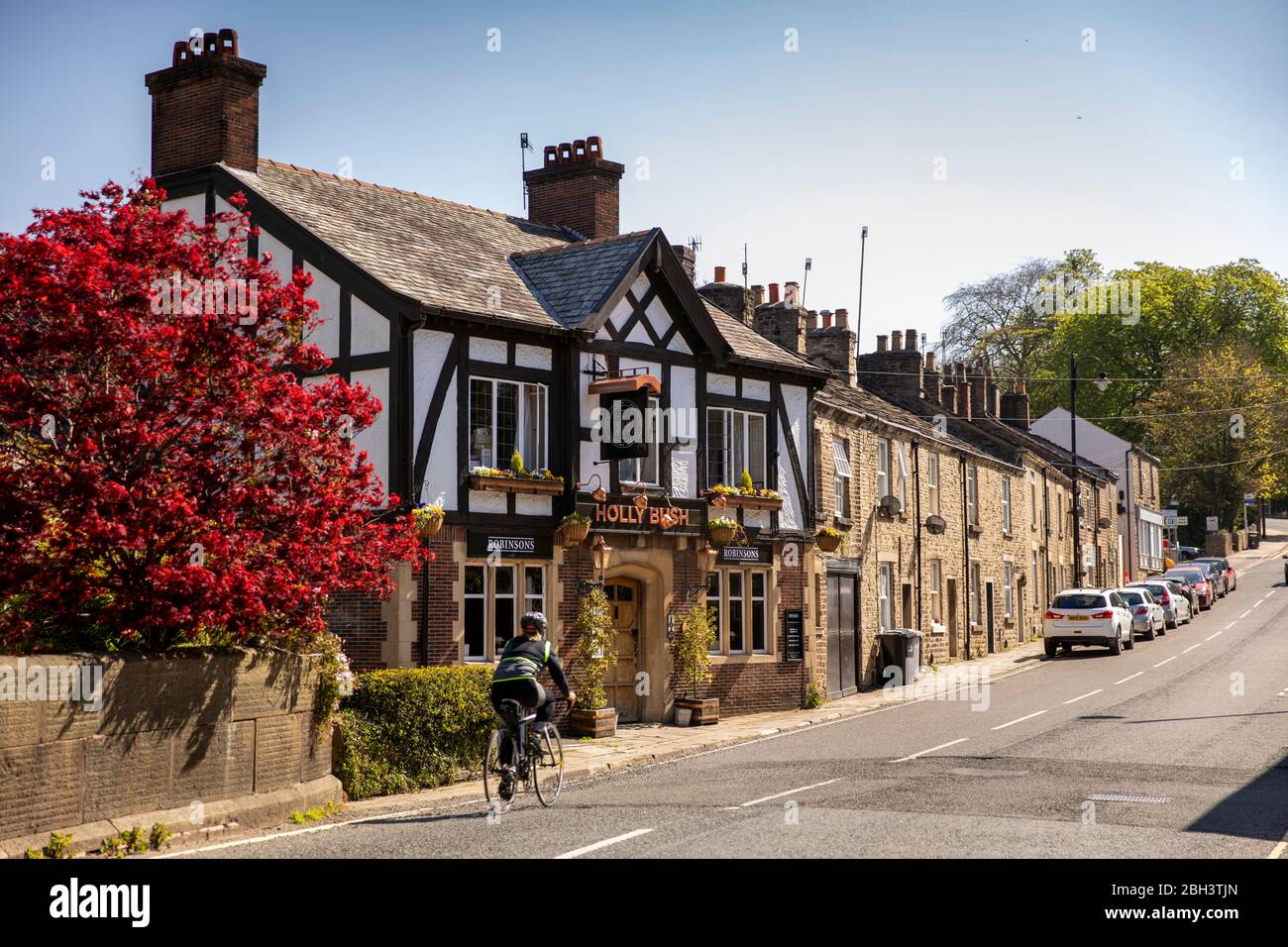 UK, England, Cheshire, Bollington, Palmerston Street, Hollybush Inn and stone built terraced houses Stock Photo