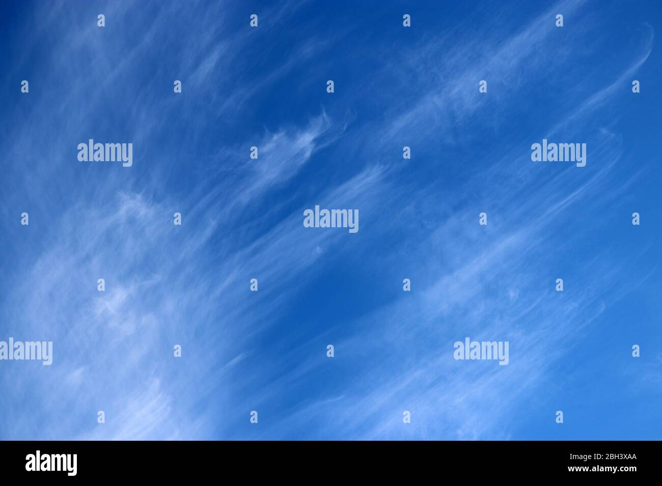 Blue sky covered with white cirrus clouds. Spring cloudscape, beautiful weather background, abstract pattern Stock Photo