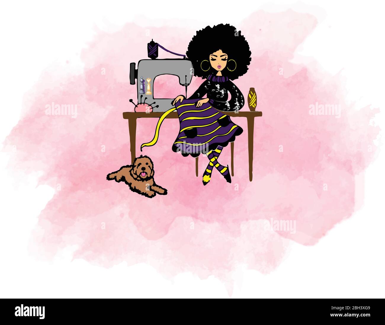 Afro girl sitting a shirt with dog sitting on ground Stock Vector