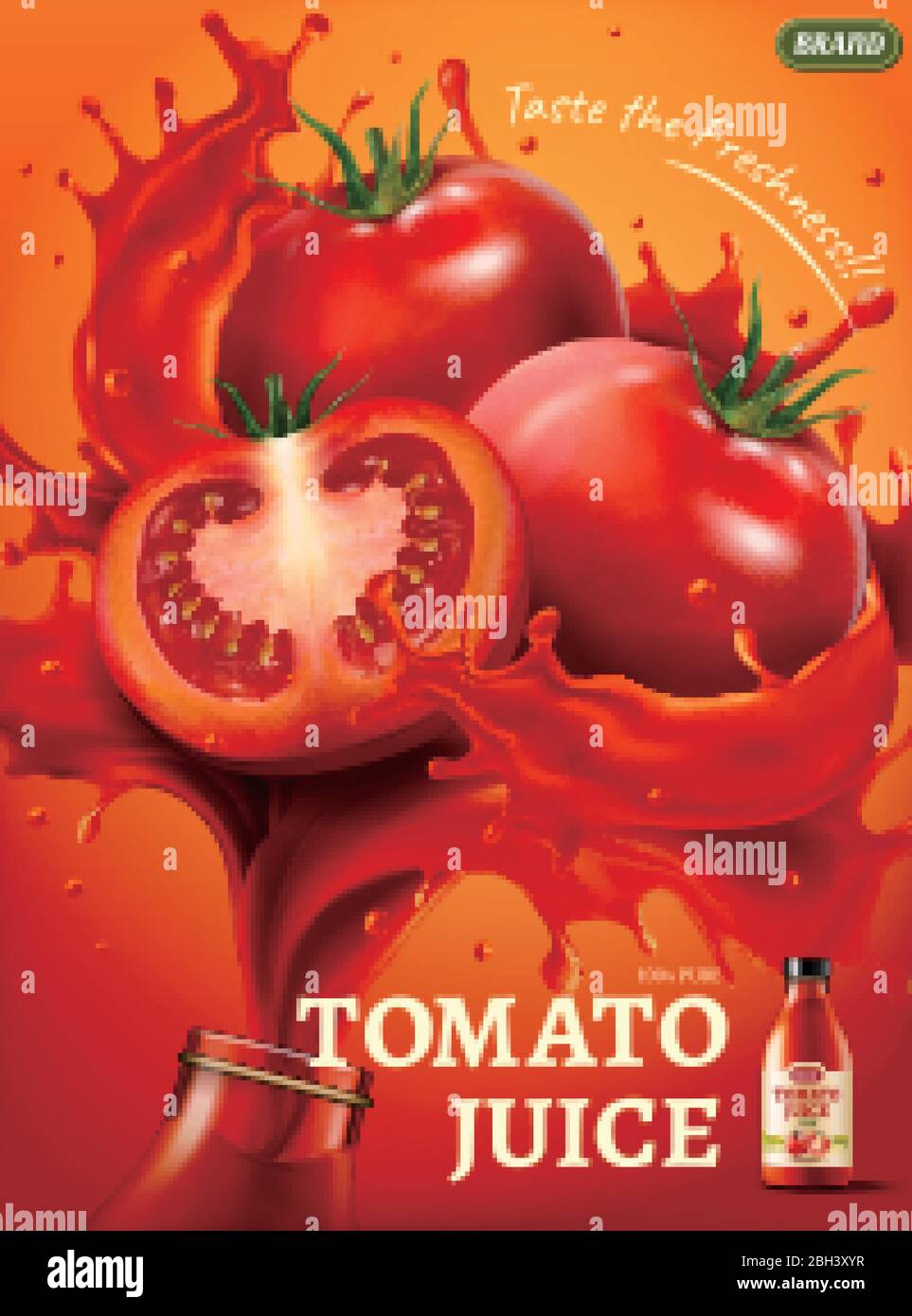 Fresh tomato juice ad, realistic glass bottle rim with whole and sliced tomatoes in splashes, 3D illustration Stock Vector