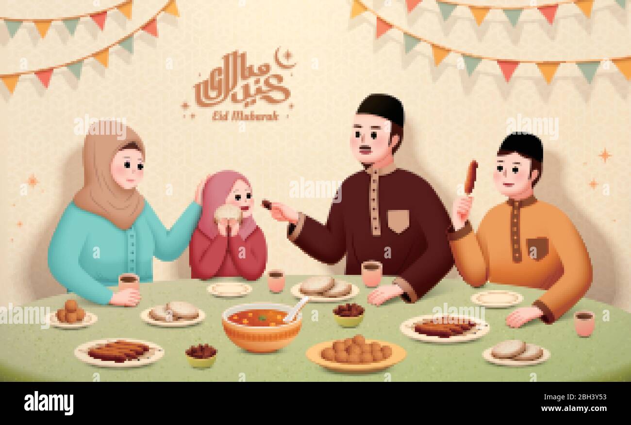 Muslim family having delicious iftar food together during the holiday on beige background, Eid mubarak calligraphy which means happy holiday Stock Vector