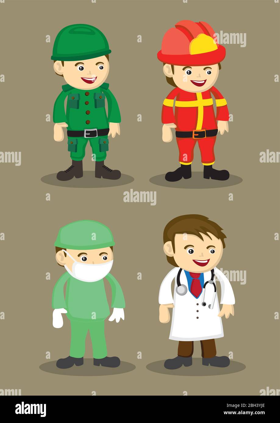 Soldier, firefighter, Surgeon and Doctor in uniform and work attire. Professionals and occupations vector illustration isolated on brown plain backgro Stock Vector