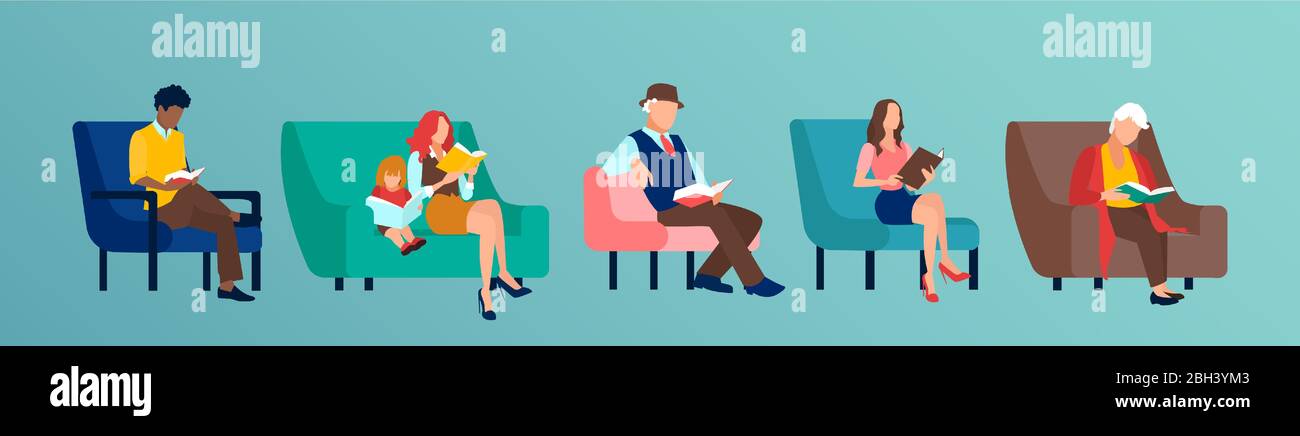 Vector of a diverse group of people reading books sitting on chair or ...