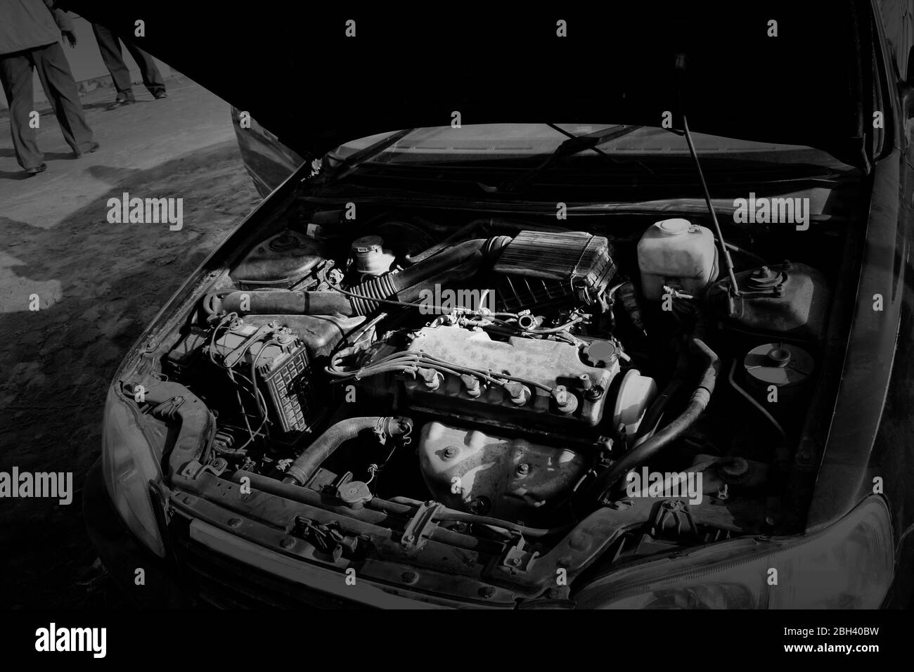 Overheated car engine with open car Stock Photo Alamy