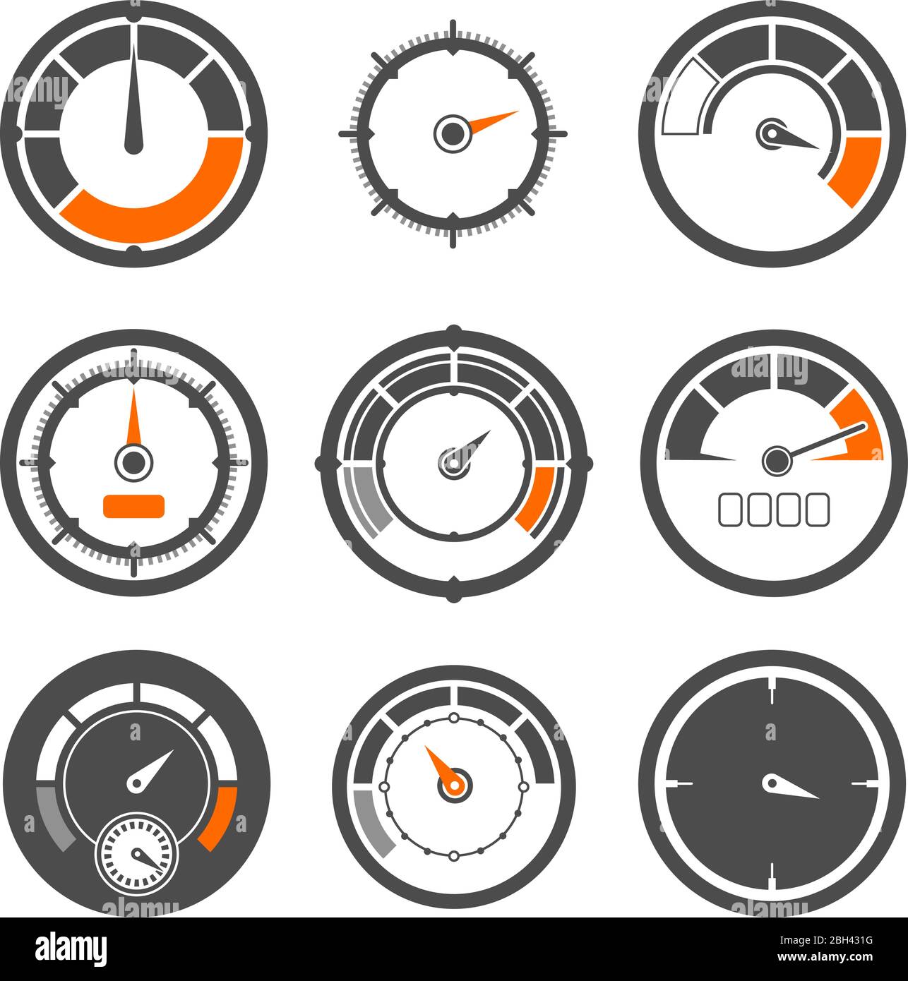 Vector illustrations set of different speedometers. Miles and speed