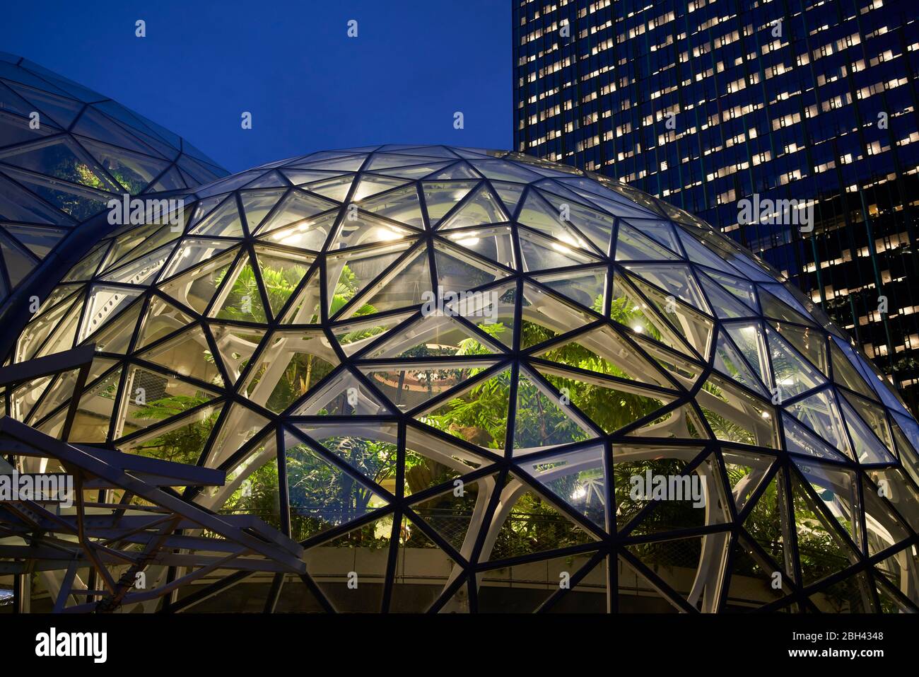 Evening light at the Spheres at Amazon's World Headquarters in Seattle, WA. Stock Photo