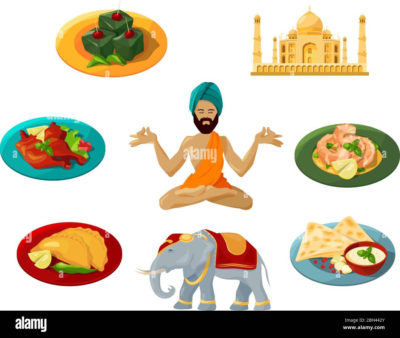 Different objects of traditional indian culture. Vector illustrations set. Indian travel and tourism, architecture and elephant, taj mahal and food Stock Vector