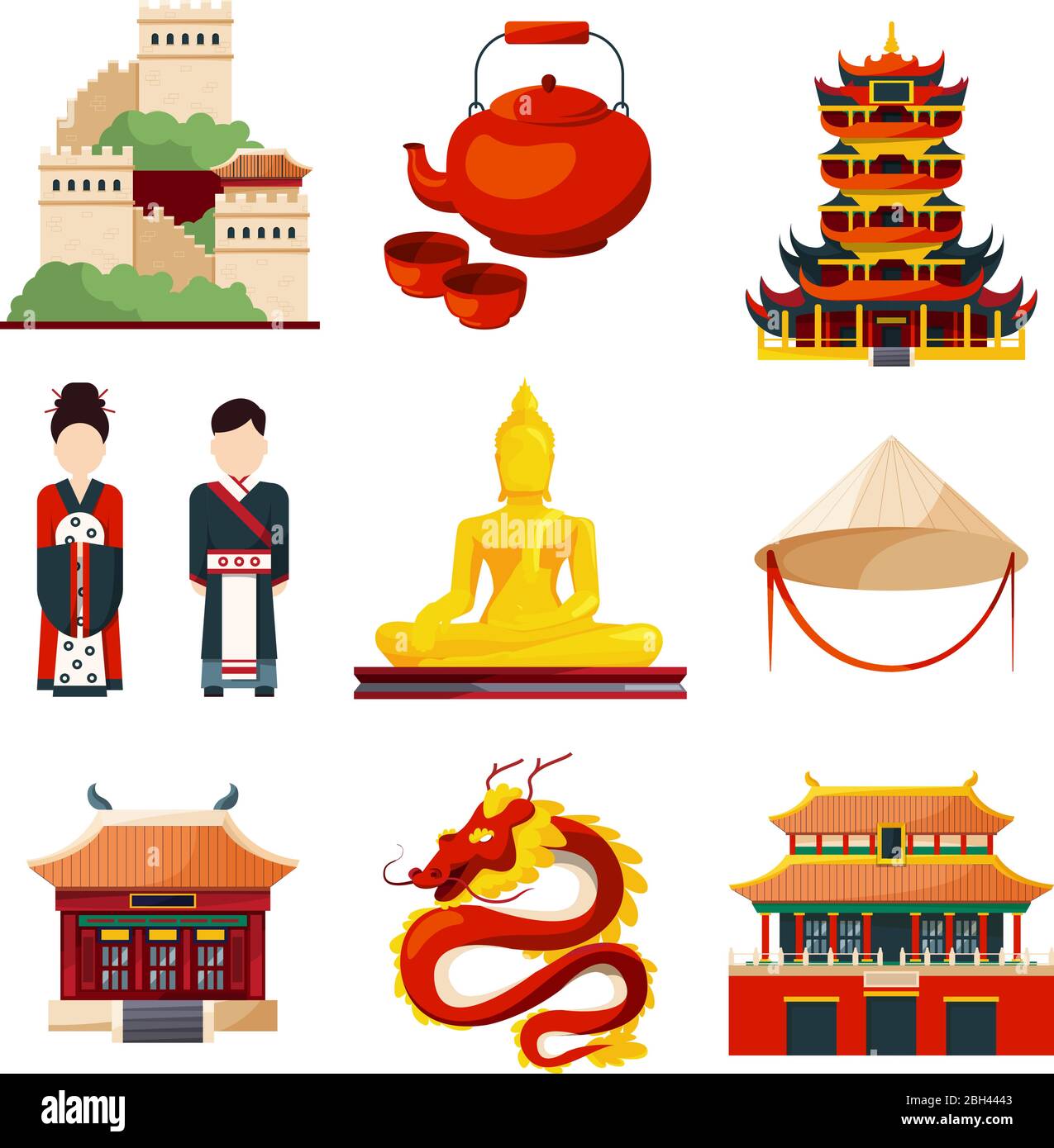 Traditional chinese cultural objects in vector style. China traditional oriental elements pagoda and teapot illustration Stock Vector