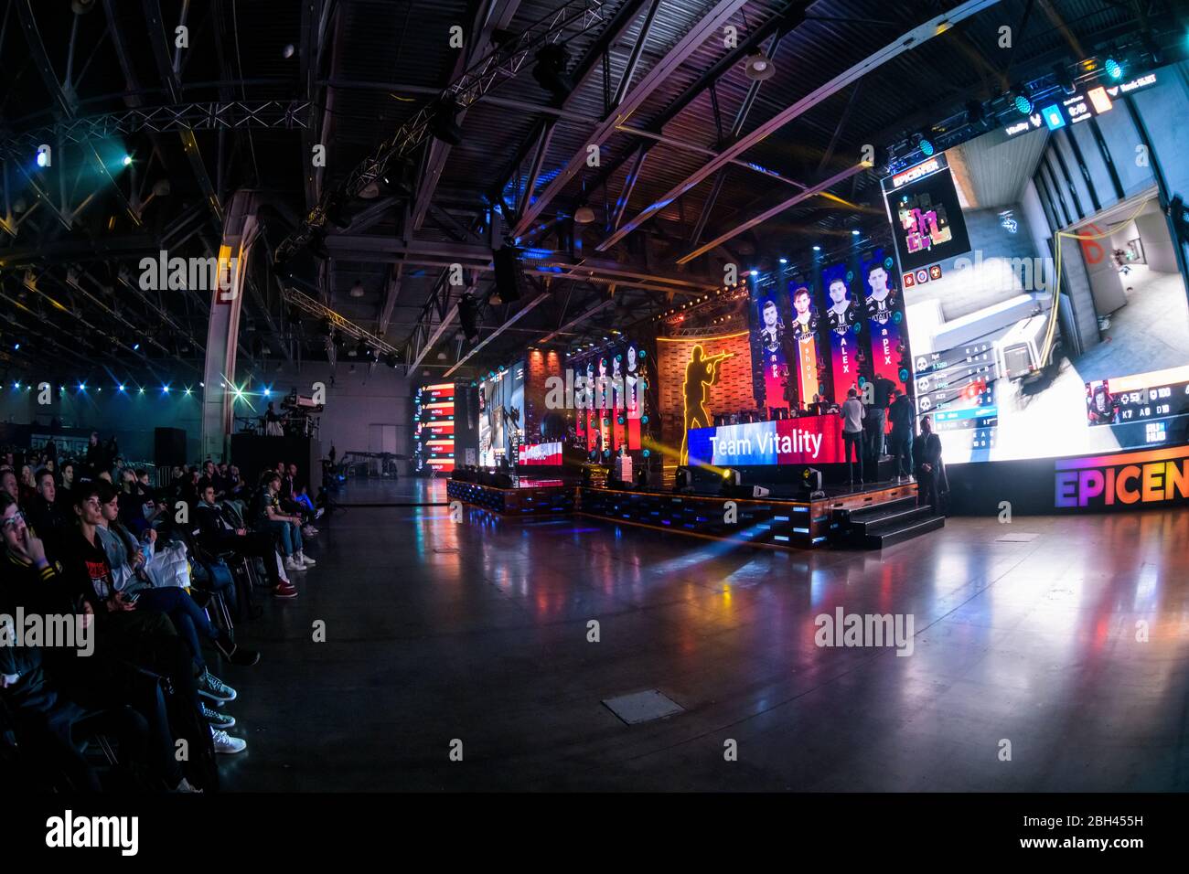 MOSCOW - DECEMBER 23 2019: esports Counter-Strike: Global Offensive event. Big illuminated main stage of a computer games tournament located on a big Stock Photo