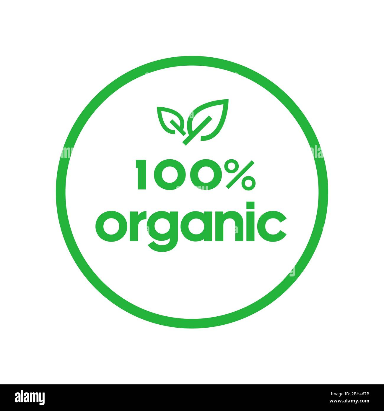 Organic 100 percent green circle sticker with leaf. Design element for packaging design and promotional material. Vector illustration. Stock Vector
