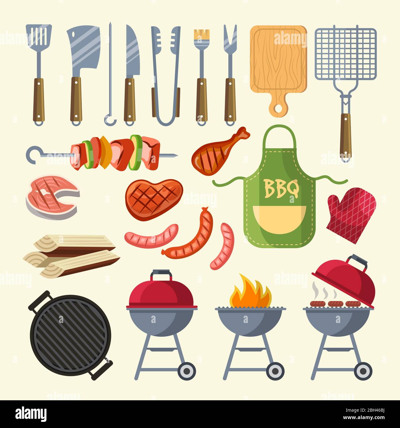 Vector cartoon illustration of meat, sauce, grill and other elements for bbq party. Grill barbecue food, meat bbq, steak grilled Stock Vector