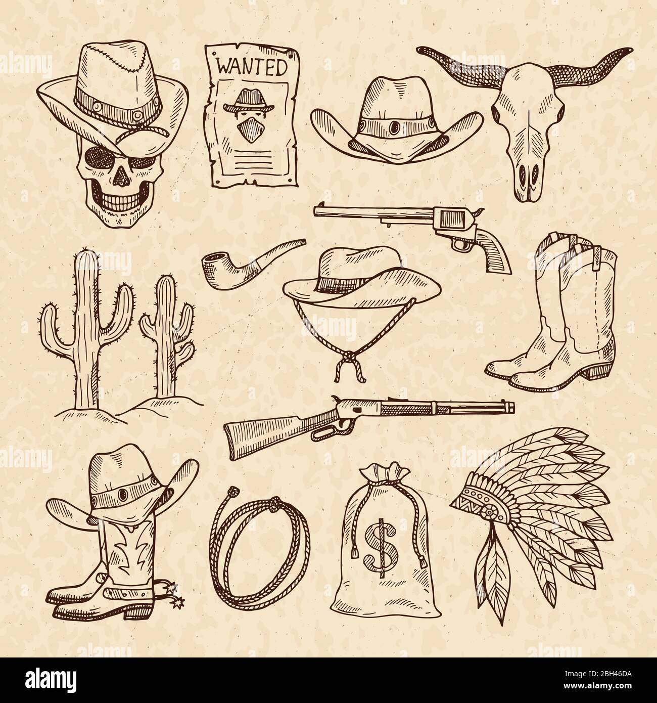 Western symbols. Cowboy, guns, saloon and other wild west pictures set. Vector hand drawn pictures. Wild west concept, gun revolver and skull, cactus Stock Vector