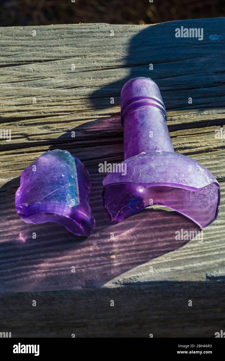 Old glass bottle neck turned purple by the UV rays in sunlight in the old silver and gold mining ghost town of Berlin in Berlin-Ichthyosaur State Park Stock Photo