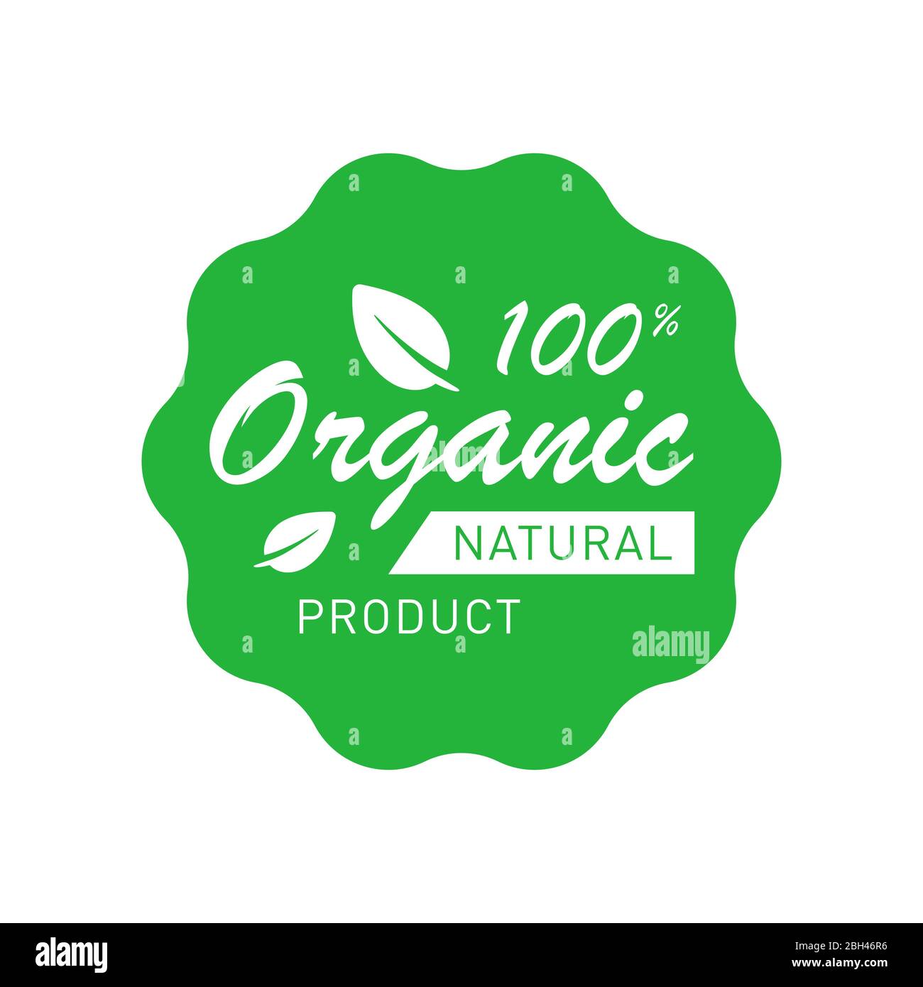 Organic 100 percent natural product badge with leaves. Design element for packaging design and promotional material. Vector illustration. Stock Vector