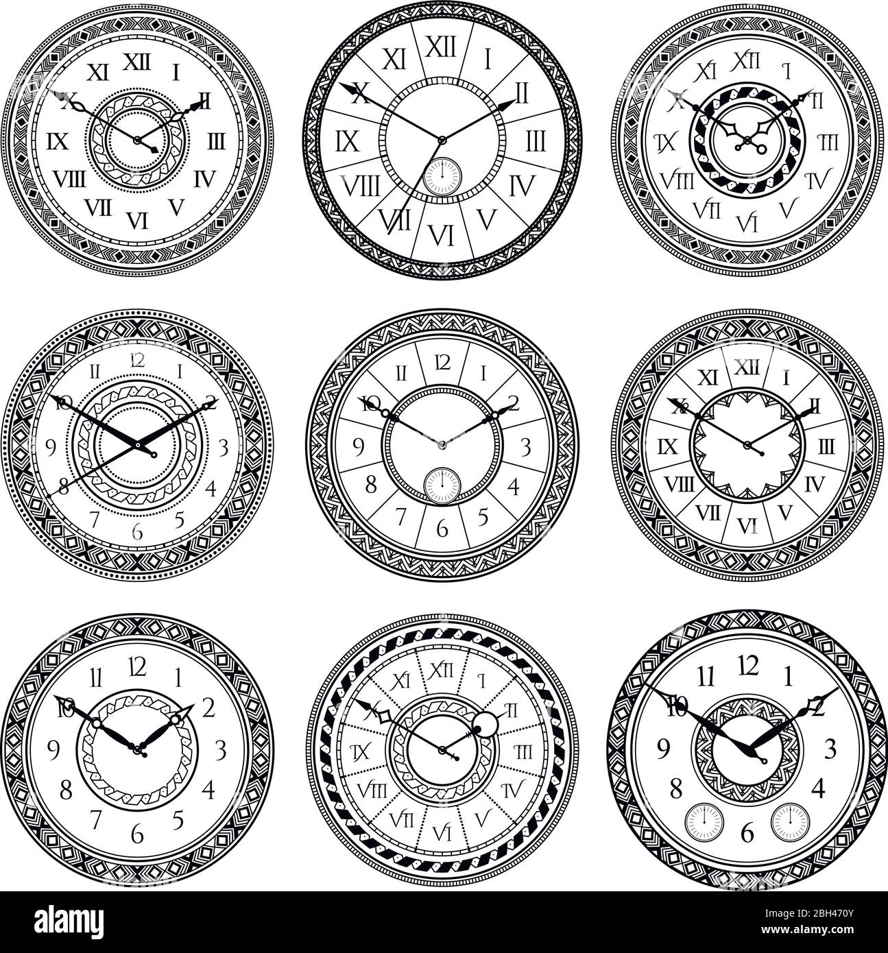 Vector set of vintage clocks. Monochrome pictures isolate. Symbols of